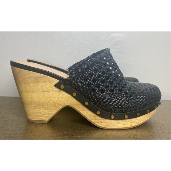 NEW Veronica Beard Black Leather Woven Studded Platform Clogs Fairy Grunge Edgy - Picture 1 of 11